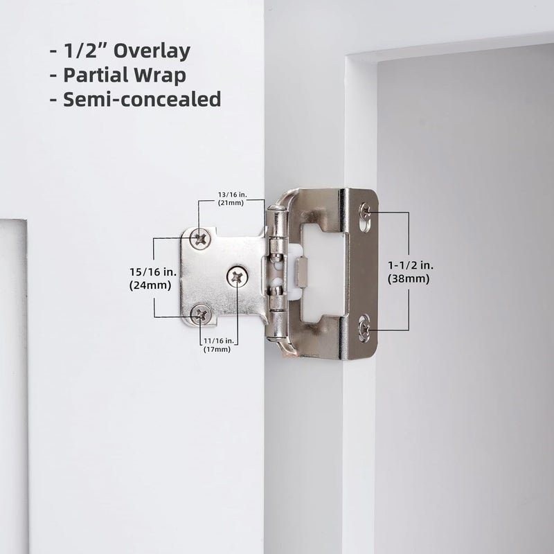 Decobasics 50 Pack 1/2" Overlay Brushed Nickel Cabinet Hinges for Cabinet Doors (25 Pairs) â€“ Self-Closing Semi-Wrap Face Frame Hinges for Cupboard & Kitchen Doors w/Screws & Quiet Bumpers - Image 3